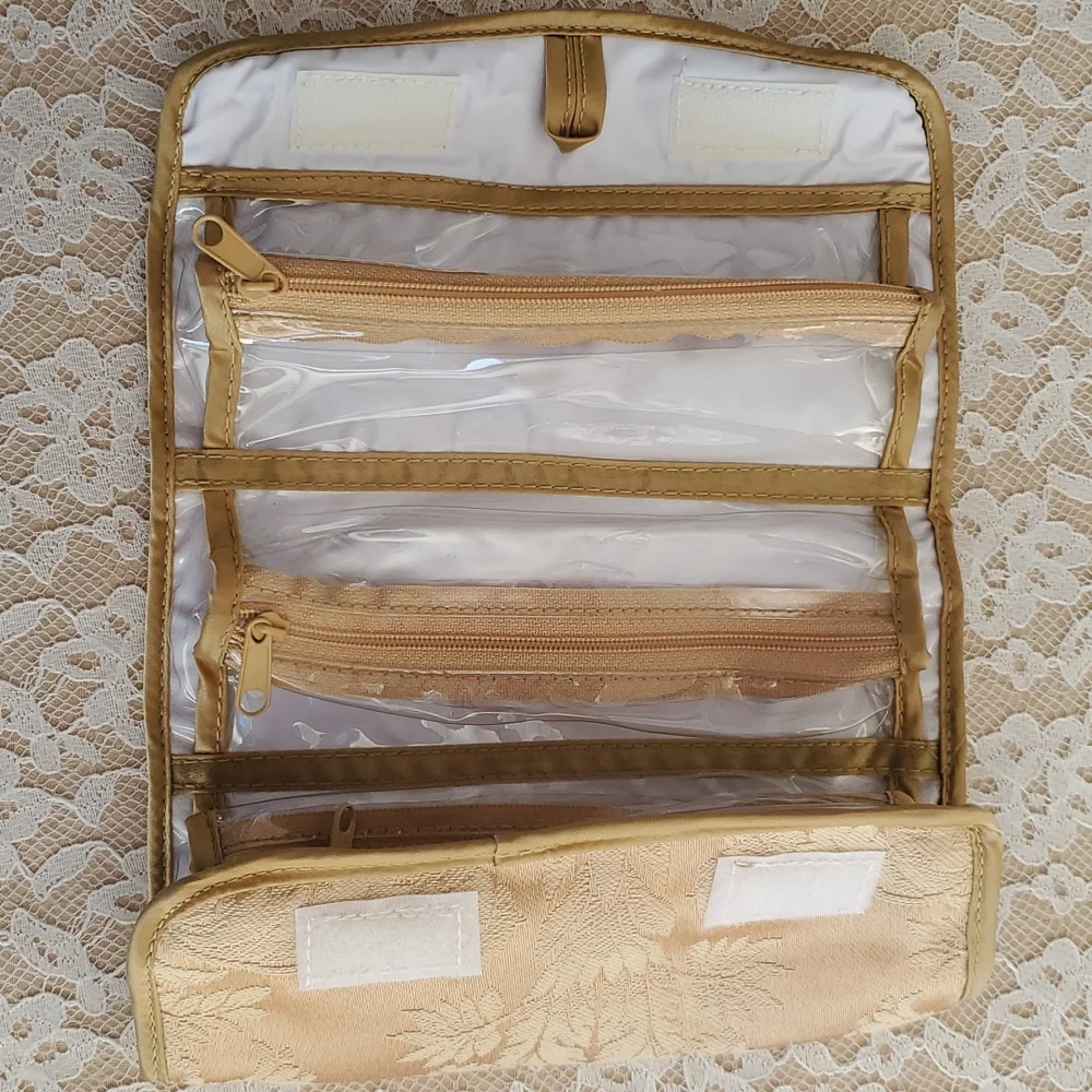 Gold Makeup or Jewelry travel bag. Hanging loop, 4 zipper compartments NWOT